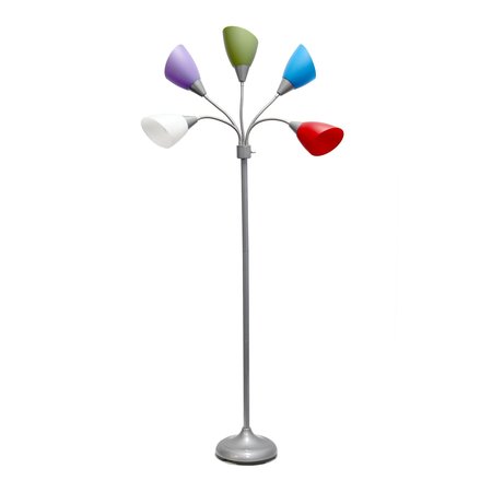 SIMPLE DESIGNS 5 Light Adjustable Gooseneck Silver Floor Lamp with Primary Multicolored Shades LF2006-SDM